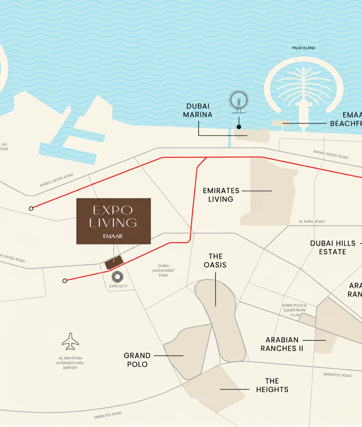 Map positioning Lunaya near Sheikh Zayed Road and major destinations in the Jebel Ali growth corridor